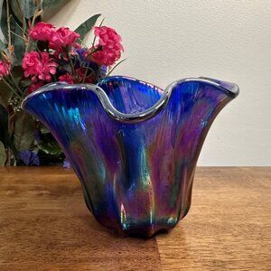Vintage Cobalt Blue Glass Bowl‎ Ruffled Edge Art Deco Centerpiece
